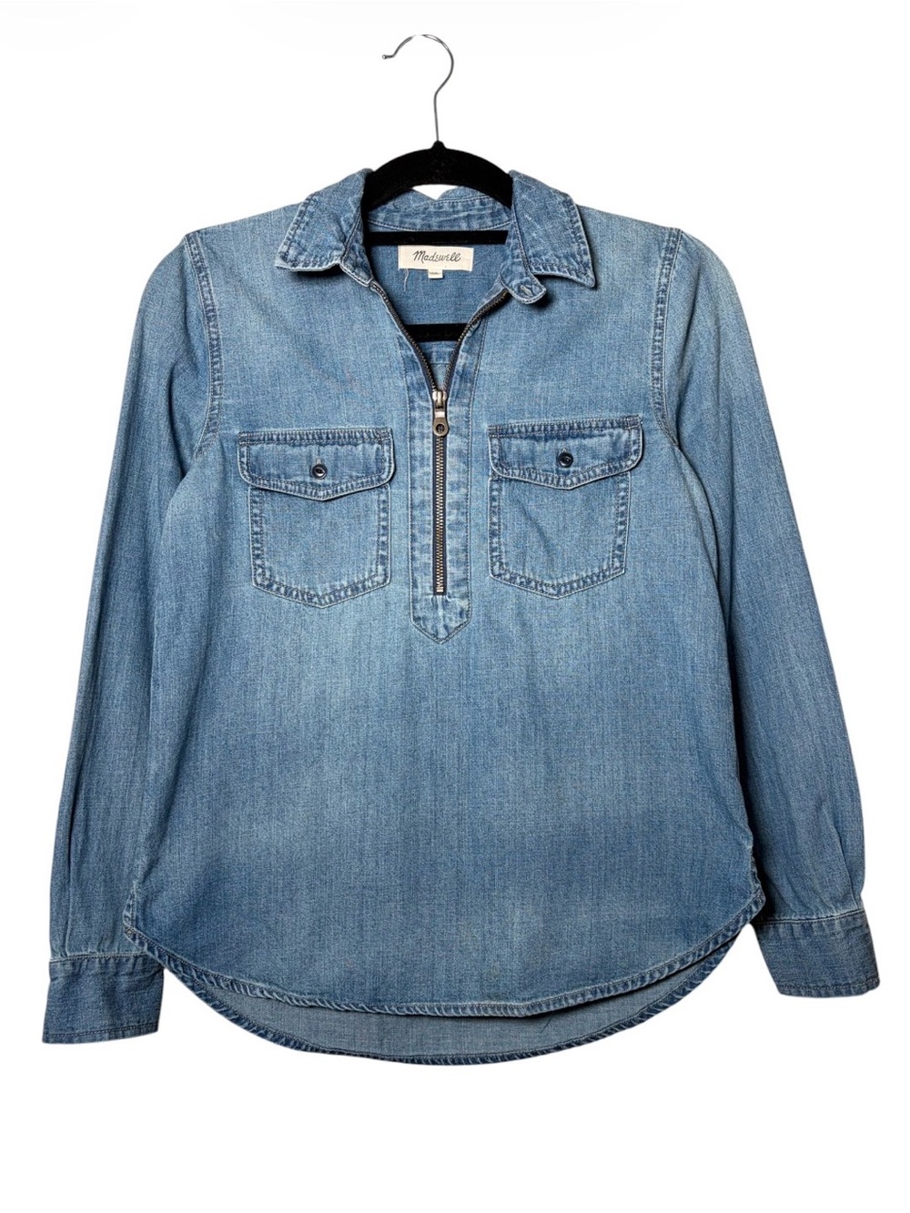 Madewell Denim Chambray Popover Half Zip Denim Shirt Light Wash Distressed XS - Picture 2 of 9